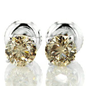 Diamond Stud Earrings Round Cut Fancy Champagne 1.23 TCW 14k White Gold